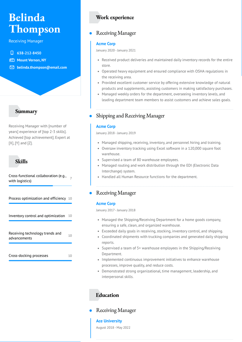 Receiving Manager Resume Sample and Template