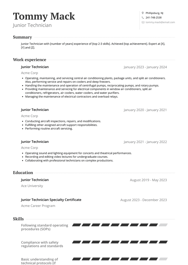Junior Technician Resume Sample and Template