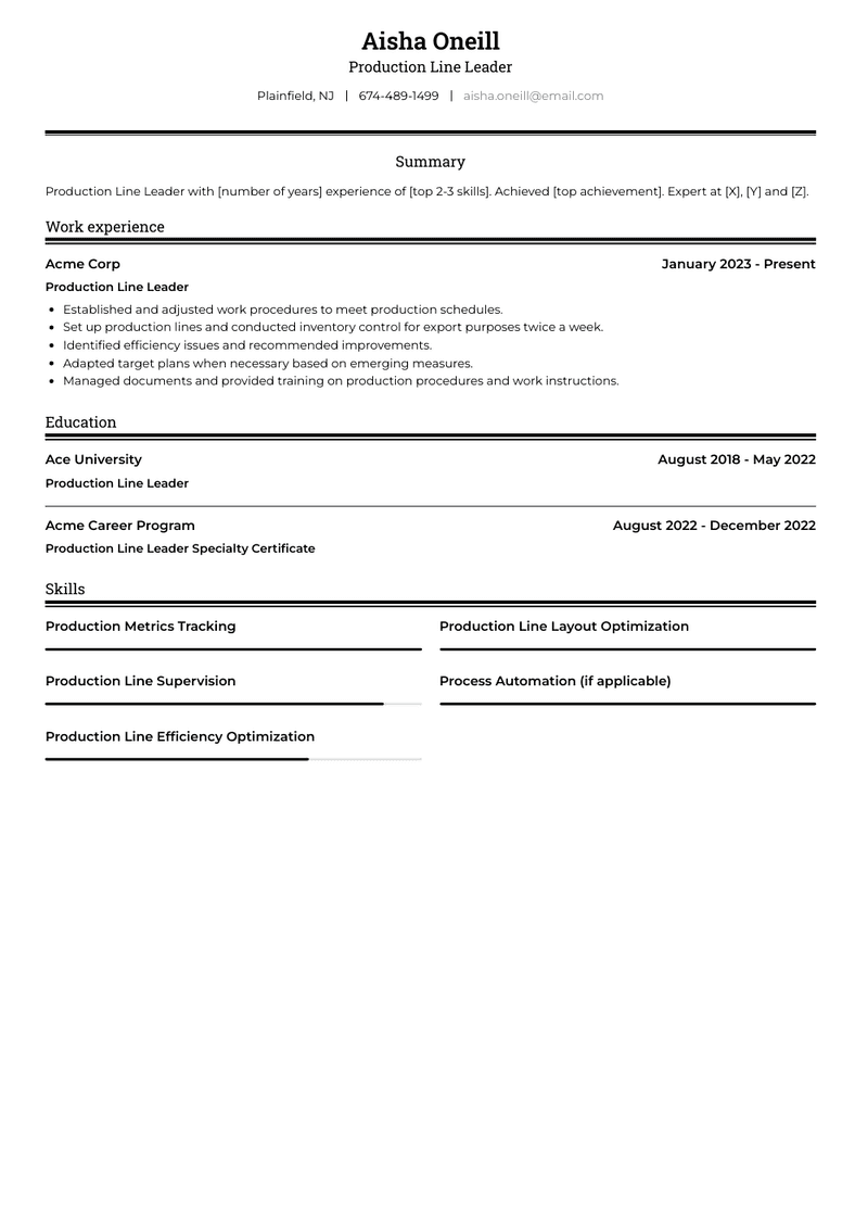 Production Line Leader Resume Sample and Template