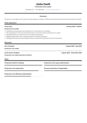 Production Line Leader Resume Sample and Template