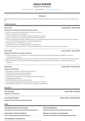 Assistant To The Director Resume Sample and Template