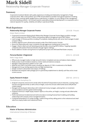 Investment Banking Corporate Finance Manager Resume Sample and Template
