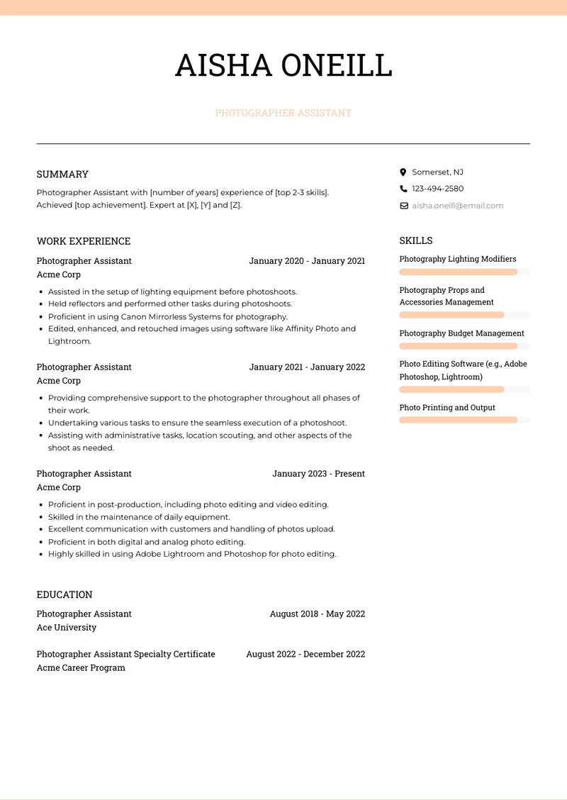 Photographer Assistant Resume Sample and Template