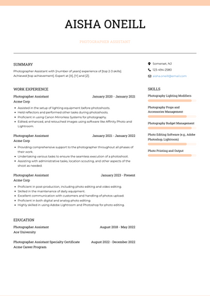 Photographer Assistant Resume Sample and Template