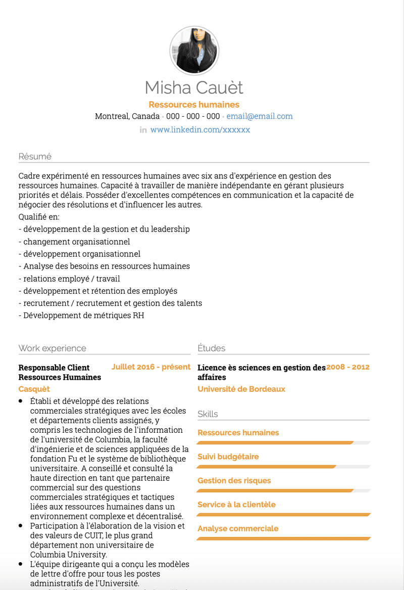 Exemple et modèle de CV Ressources humaines