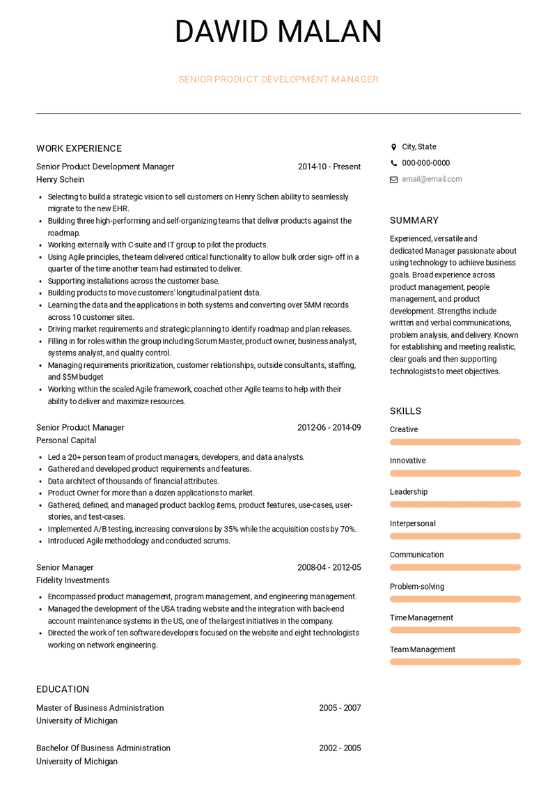 Senior Product Development Manager Resume Sample and Template