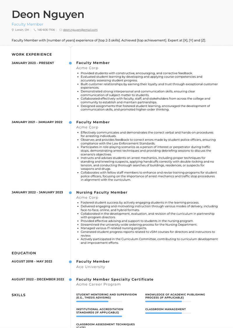 Faculty Member Resume Sample and Template