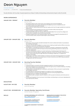 Faculty Member Resume Sample and Template