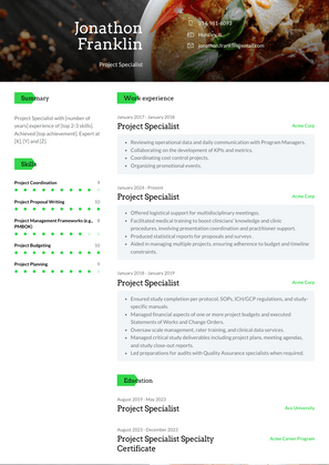 Project Specialist Resume Sample and Template