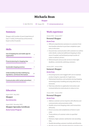 Shopper Resume Sample and Template