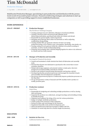 Production Manager Resume Sample and Template