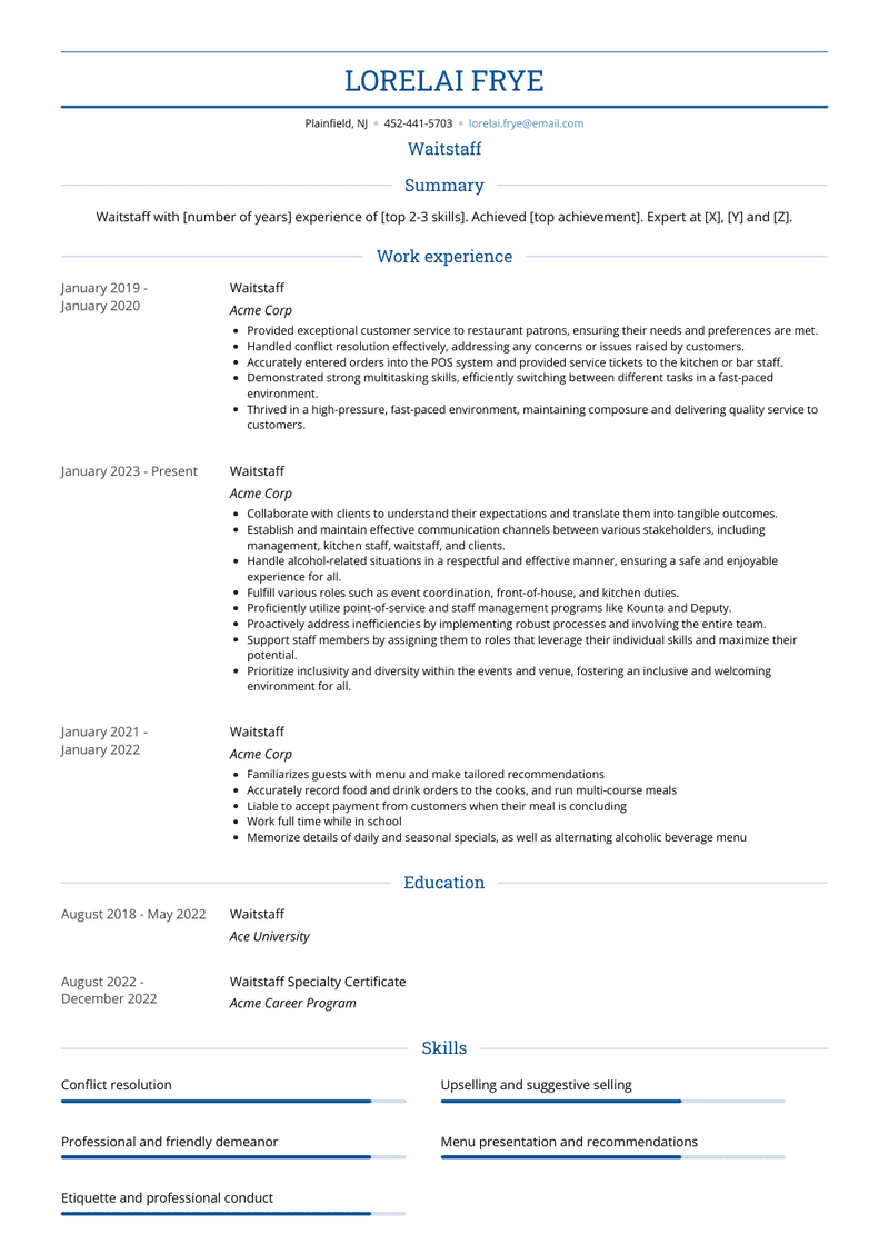 Waitstaff Resume Sample and Template