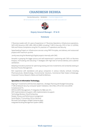 Deputy General Manager   It & Is Resume Sample and Template