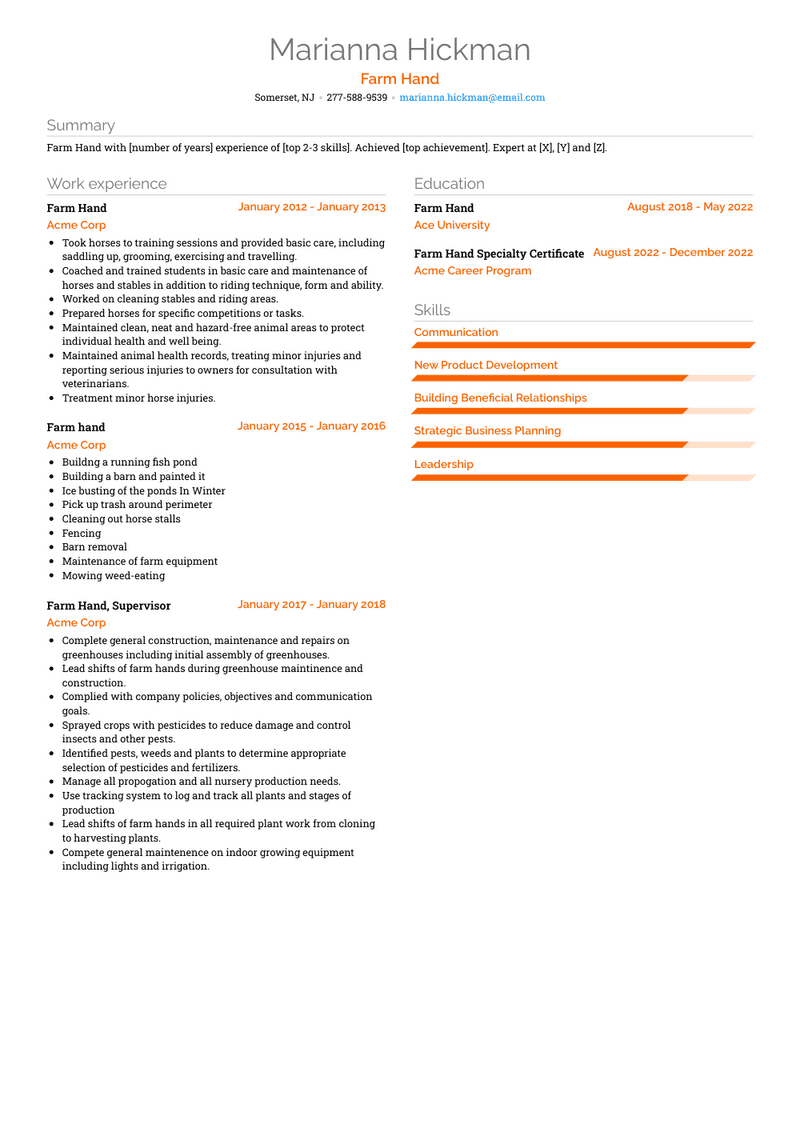 Farm Hand Resume Sample and Template