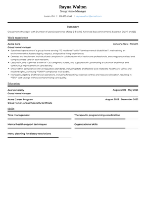 Group Home Manager Resume Sample and Template