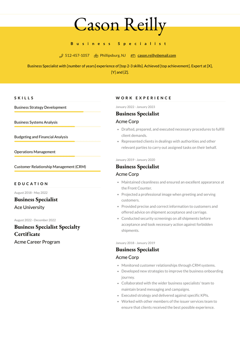 Business Specialist Resume Sample and Template