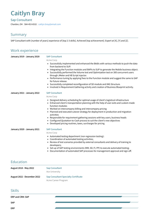 Sap Consultant Resume Sample and Template