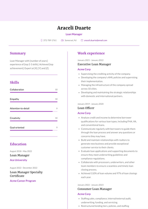 Loan Manager Resume Sample and Template