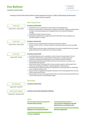 Inventory Control Clerk Resume Sample and Template