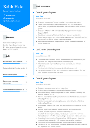 Control Systems Engineer Resume Sample and Template