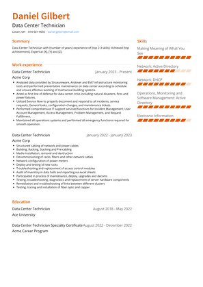 Data Center Technician Resume Sample and Template