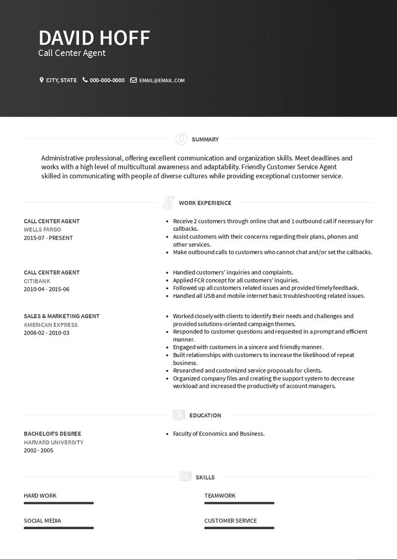Resume Template For Call Center Agent