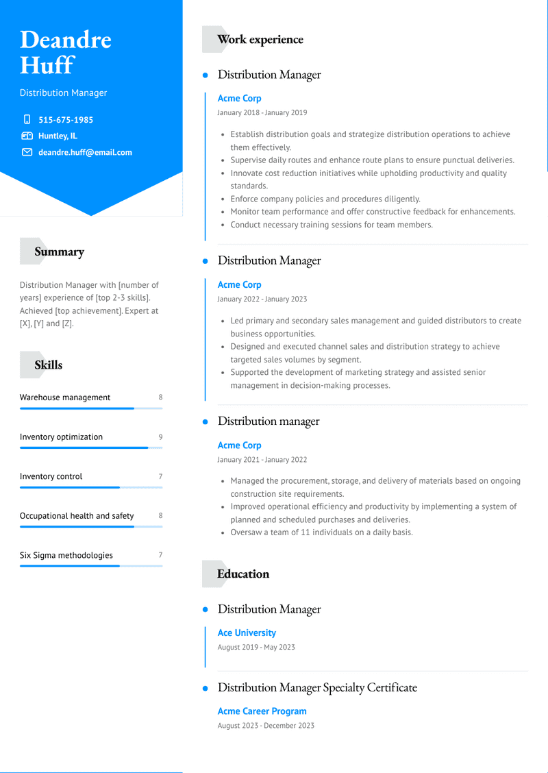 Distribution Manager Resume Sample and Template