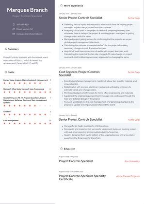Project Controls Specialist Resume Sample and Template