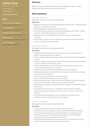Bilingual Customer Service Resume Sample and Template