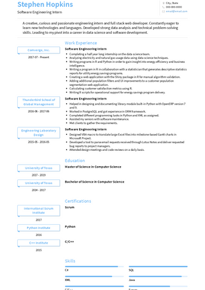 Software Engineering Intern Resume Sample and Template