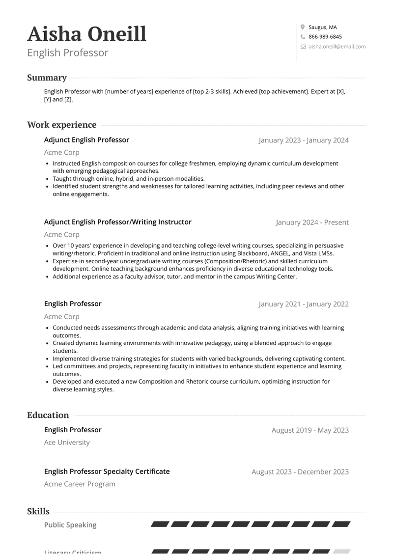 English Professor Resume Sample and Template