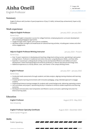 English Professor Resume Sample and Template