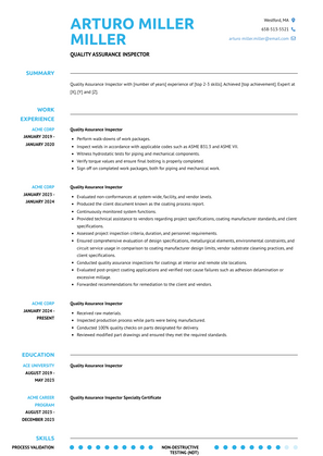 Quality Assurance Inspector Resume Sample and Template