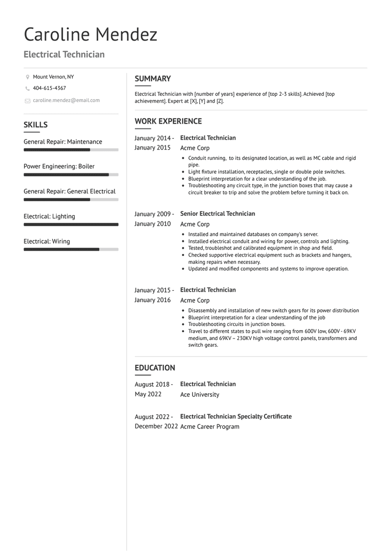 Electrical Technician Resume Sample and Template