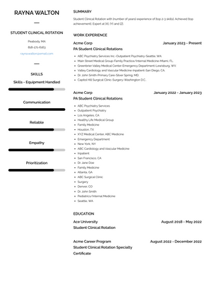 Student Clinical Rotation Resume Sample and Template
