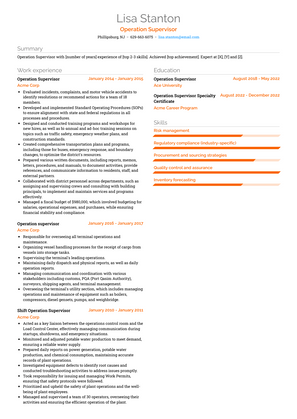 Operation Supervisor Resume Sample and Template