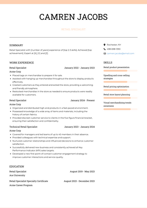 Retail Specialist Resume Sample and Template