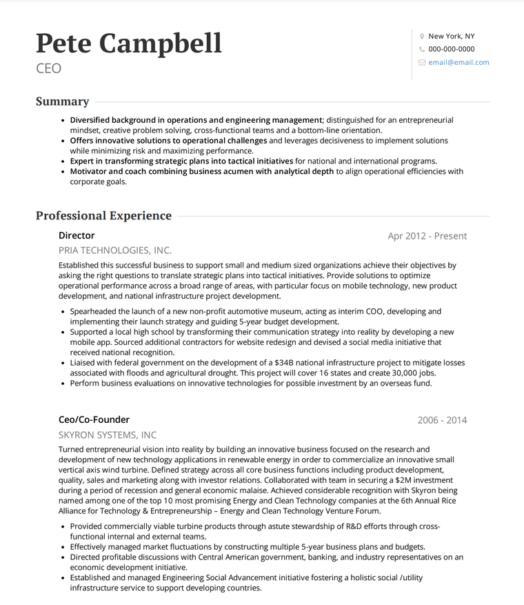 Standard Resume Template for Executives