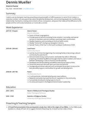District Pastor Resume Sample and Template