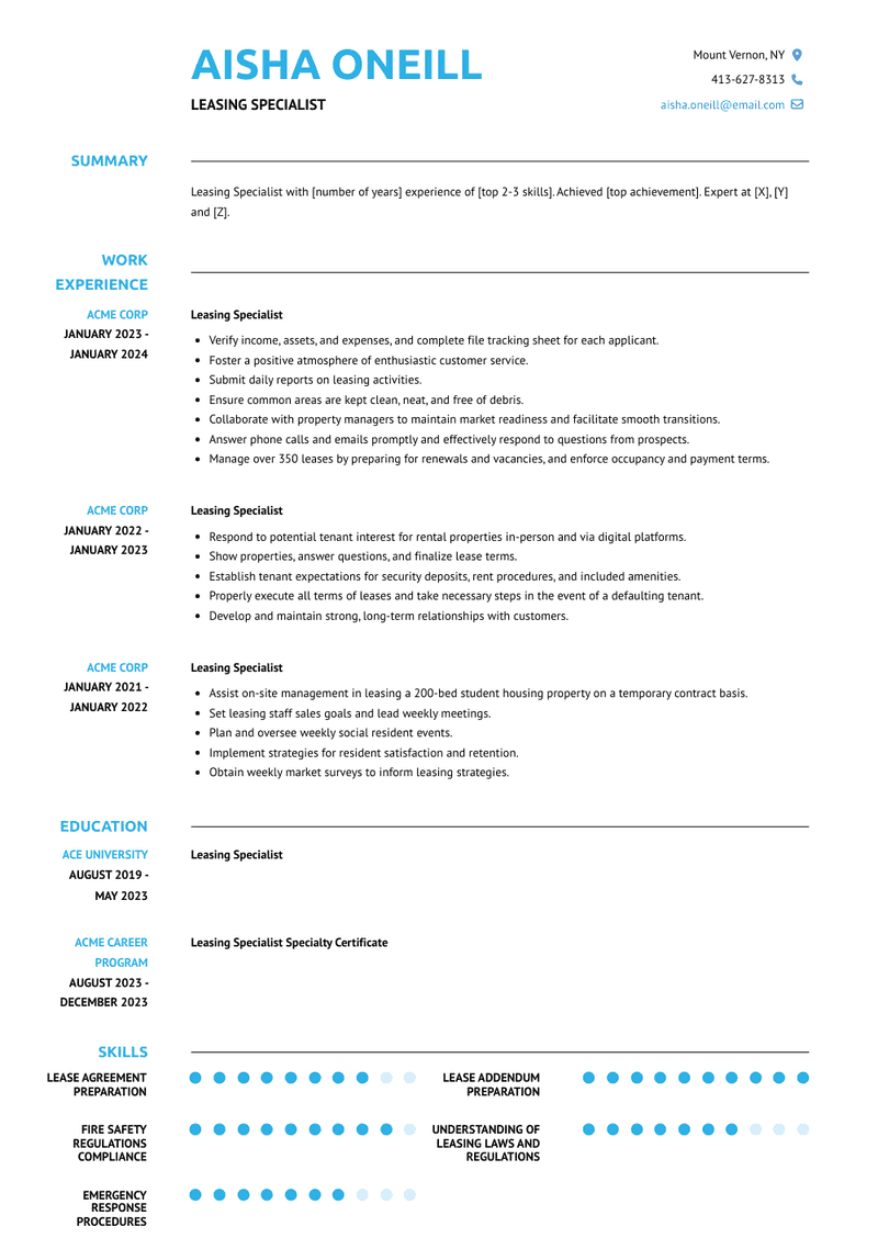 Leasing Specialist Resume Sample and Template