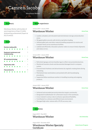 Warehouse Worker Resume Sample and Template