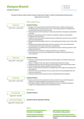 Assistant Producer Resume Sample and Template