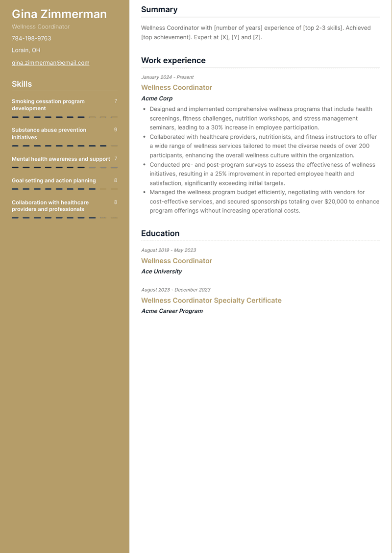 Wellness Coordinator Resume Sample and Template