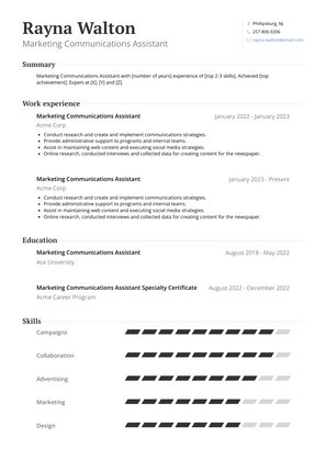 Marketing Communications Assistant Resume Sample and Template