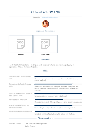 Lead Sales Associate/Keyholder Resume Sample and Template