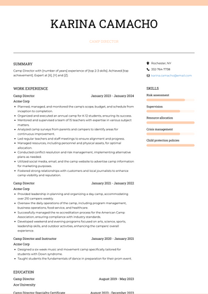 Camp Director Resume Sample and Template