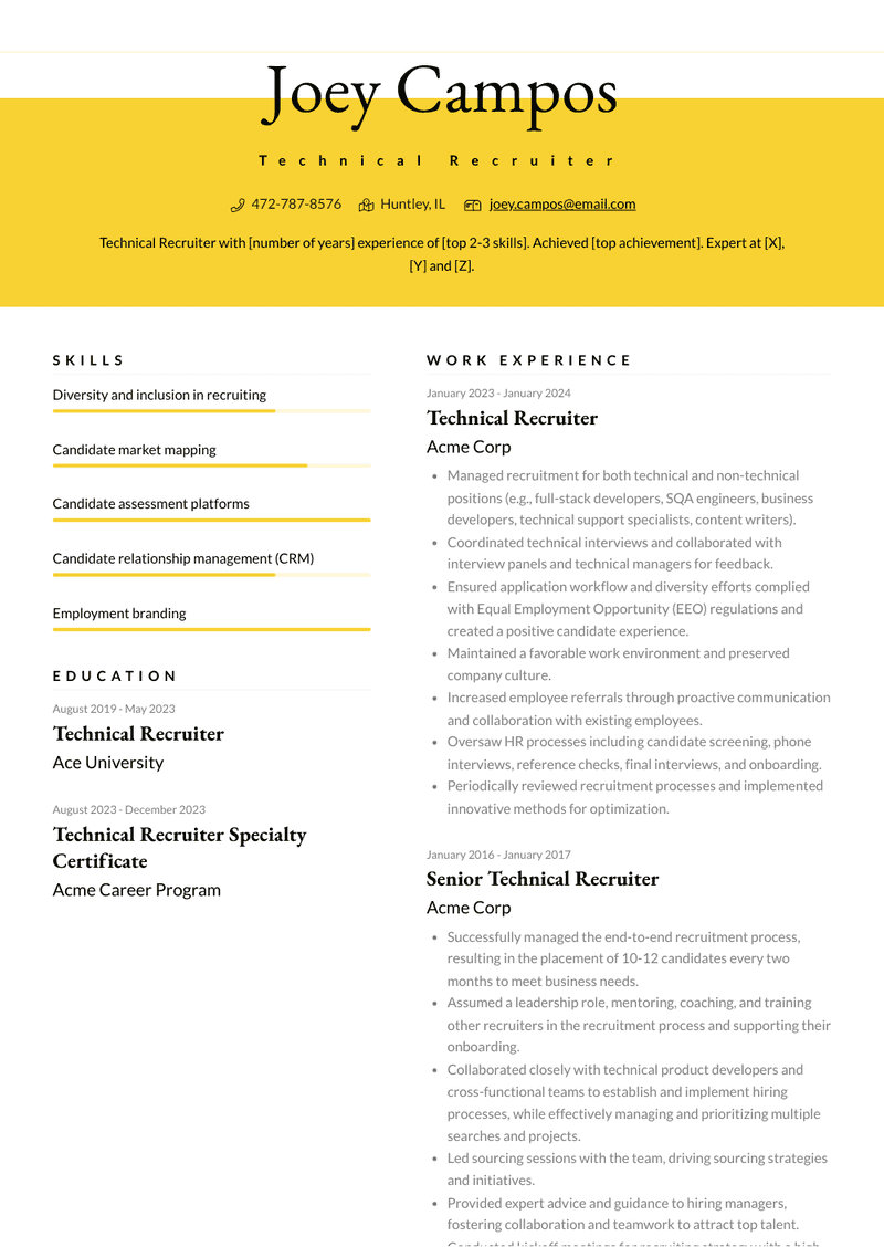 Technical Recruiter Resume Sample and Template