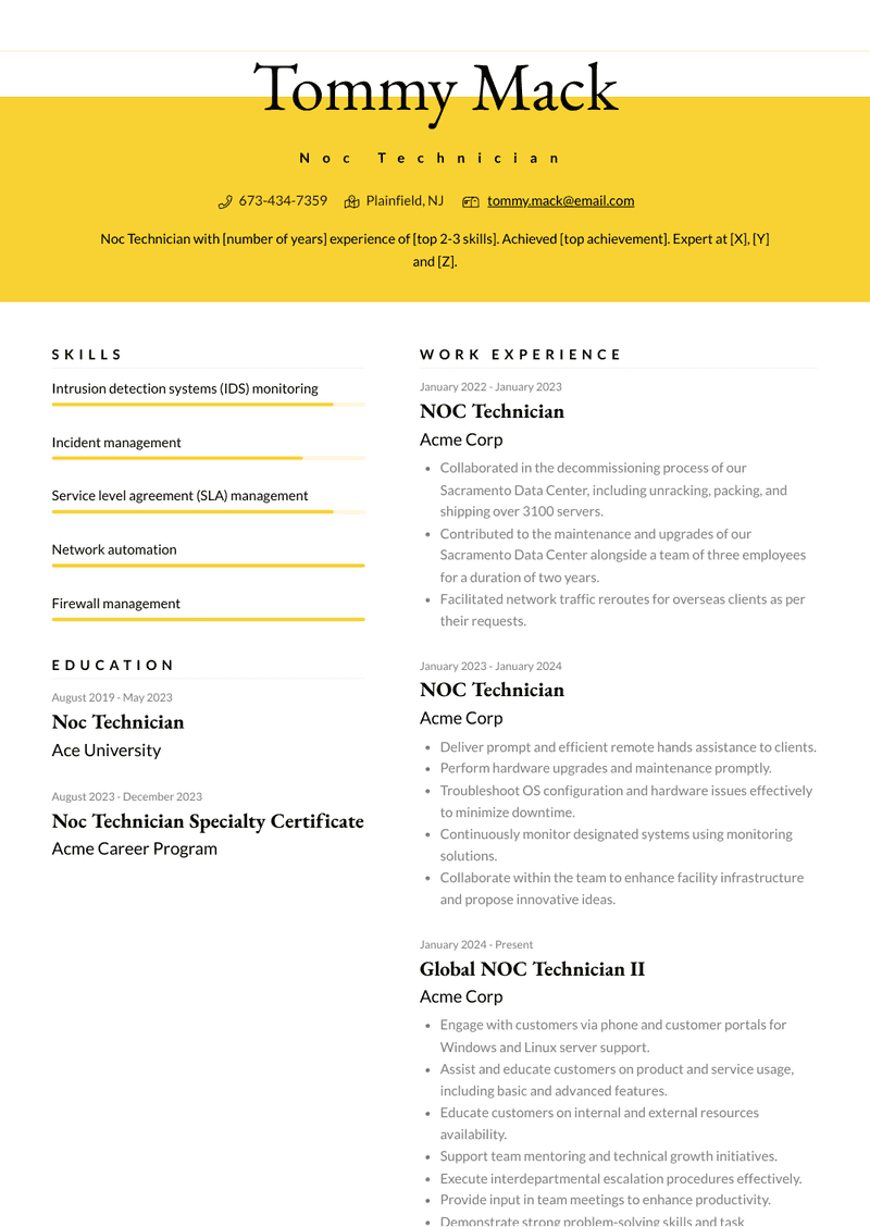 Noc Technician Resume Sample and Template