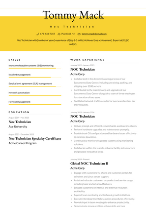 Noc Technician Resume Sample and Template