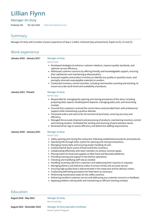 Manager On Duty Resume Sample and Template